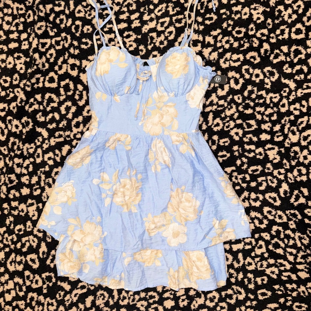 As U Wish Floral Mini Dress Women Medium Blue Tiered Ruffle Cottagecore Coquette